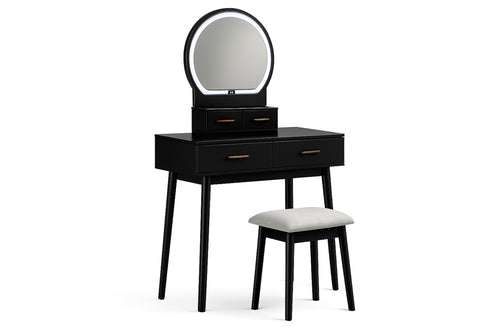 Vanity negro con espejo redondo y taburete sobre fondo blanco.
