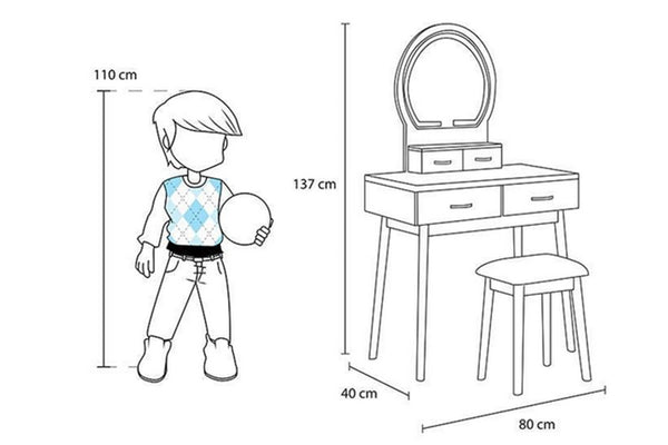 Tabla de medidas que muestra un niño y un mueble con dimensiones en centímetros.