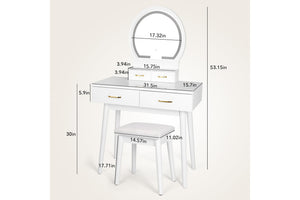 Vanity blanco con espejo y taburete, mostrado con dimensiones sobre un fondo blanco.