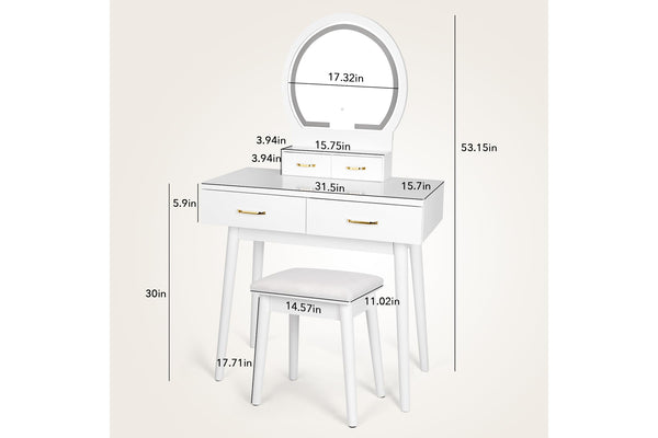 Vanity blanco con espejo y taburete, mostrado con dimensiones sobre un fondo blanco.