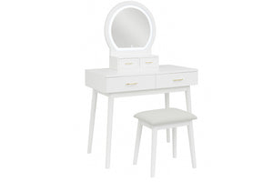 Vanity blanco con espejo y taburete sobre fondo blanco.
