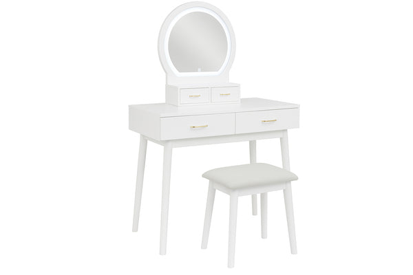 Vanity blanco con espejo y taburete sobre fondo blanco.