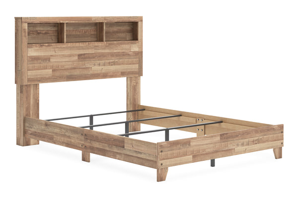 Cama de madera con estanterías sobre fondo blanco