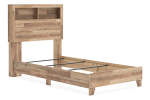 Estructura de cama de madera con cabecero sobre fondo blanco