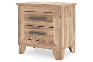 Mesita de noche de madera con dos gavetas sobre fondo blanco