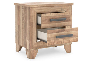 Mesita de noche de madera con dos gavetas sobre fondo blanco