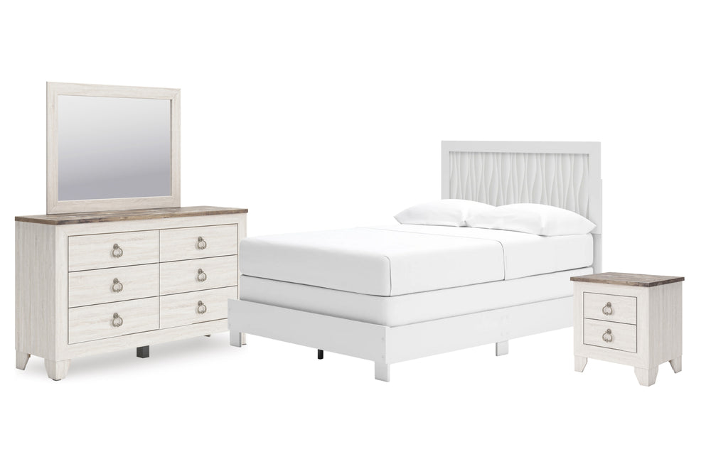 Conjunto de habitación blanco con cama, gavetero con espejo y mesita de noche sobre fondo blanco.