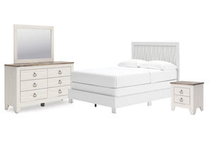 Conjunto de habitación blanco con cama, gavetero con espejo y mesita de noche sobre fondo blanco.