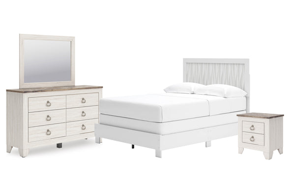 Conjunto de habitación blanco con cama, gavetero con espejo y mesita de noche sobre fondo blanco.