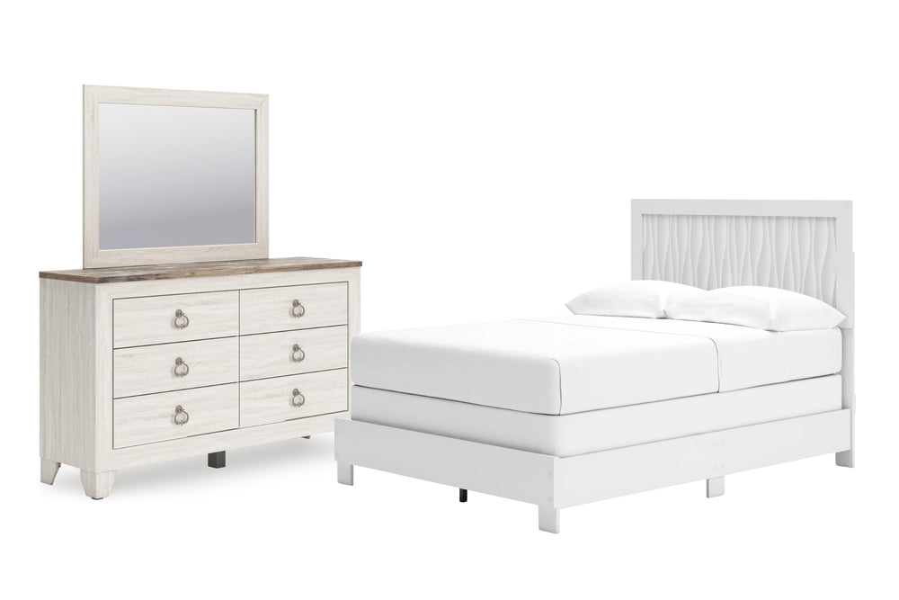 Conjunto de habitación blanco con cama y gavetero con espejo sobre fondo blanco.