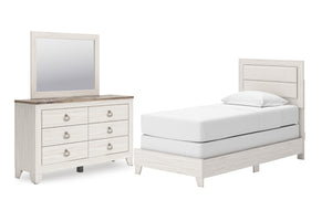 Conjunto de habitación blanco con cama y gavetero con espejo sobre fondo blanco.