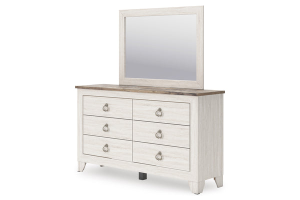 Gavetero con seis gavetas y espejo sobre fondo blanco