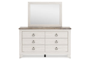 Gavetero con seis gavetas y espejo sobre fondo blanco