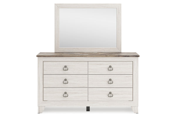 Gavetero con seis gavetas y espejo sobre fondo blanco