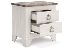 Mesita de noche blanca con dos gavetas abiertas y tapa de madera sobre fondo blanco.