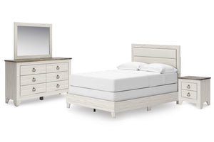 Juego de Habitación blanco con cama,gavetero y espejo sobre un fondo blanco.