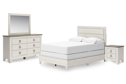 Juego de Habitación blanco con cama,gavetero y espejo sobre un fondo blanco.