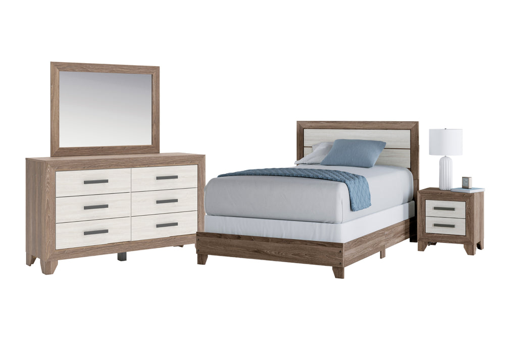 Conjunto de dormitorio de madera con cama, gavetero con espejo y mesita de noche sobre fondo blanco.
