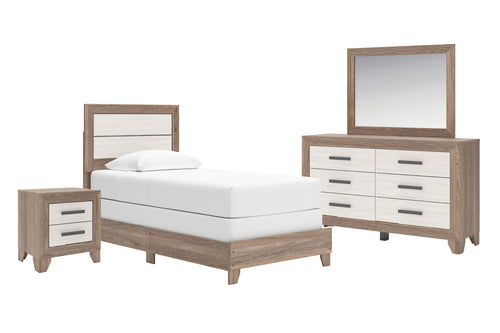 Conjunto de dormitorio de madera con cama, gavetero con espejo y mesita de noche sobre fondo blanco.