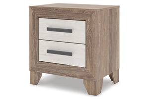 Mesita de noche de madera con dos gavetas sobre fondo blanco