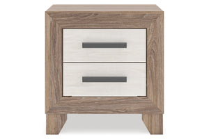 Mesita de noche de madera con dos gavetas sobre fondo blanco