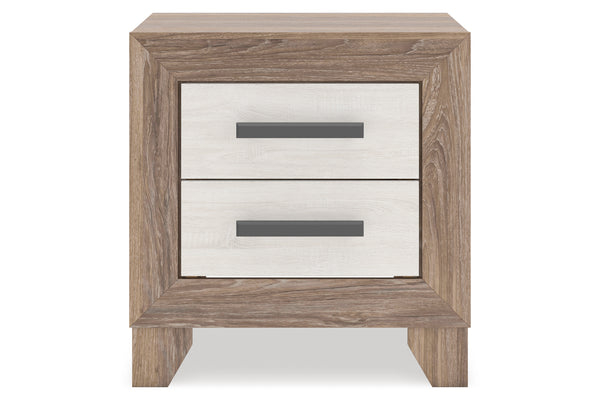 Mesita de noche de madera con dos gavetas sobre fondo blanco