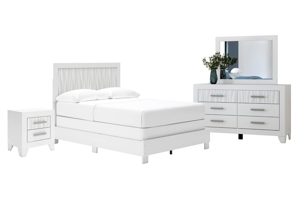 Conjunto de muebles de habitación blancos con cama, mesita de noche y gavetero con espejo sobre fondo blanco.