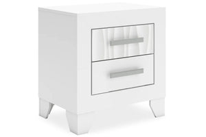 Mesita de noche blanca con dos gavetas sobre fondo blanco