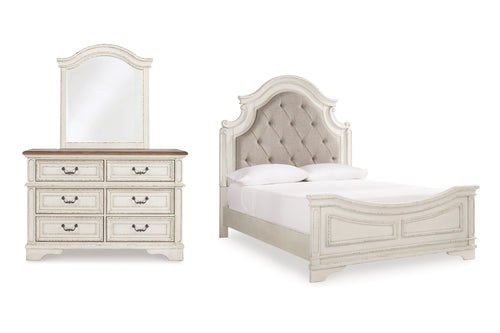Conjunto de dormitorio antiguo blanco compuesto por una cama y un gavetero con espejo sobre fondo blanco.