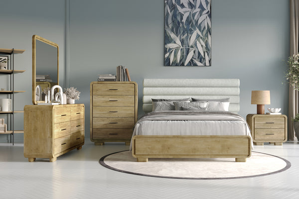Conjunto de habitación moderno con cama, gavetero con espejo y mesita de noche en una habitación con un cuadro en la pared.