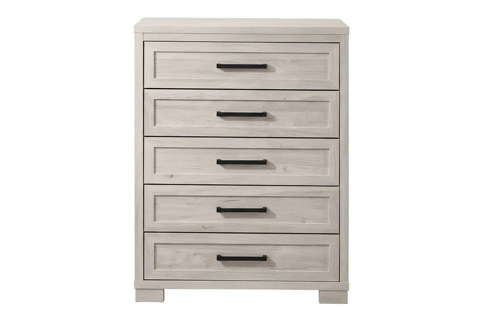 Chest vertical de cinco gavetas en acabado de madera gris clara con vetas visibles y tiradores metálicos negros. Diseño contemporáneo de líneas rectas, ideal para almacenamiento en dormitorios o espacios residenciales modernos.
