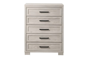 Chest vertical de cinco gavetas en acabado de madera gris clara con vetas visibles y tiradores metálicos negros. Diseño contemporáneo de líneas rectas, ideal para almacenamiento en dormitorios o espacios residenciales modernos.