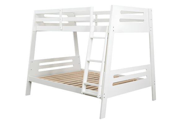 Estructura de litera de madera blanca con escalera incorporada y somier de listones de madera natural clara, mostrada sobre un fondo blanco liso.