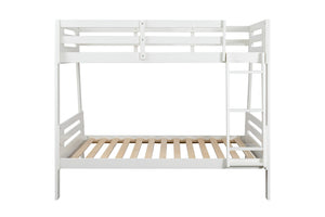 Estructura de litera blanca con base de listones de madera y escalera incorporada, mostrada sobre un fondo blanco liso.