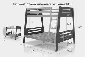 Una litera de madera con las dimensiones indicadas en español, que incluyen 79 pulgadas de ancho, 65 pulgadas de alto y 35 pulgadas de altura de la escalera, mostrada sobre un fondo gris claro con una vista lateral más pequeña insertada.