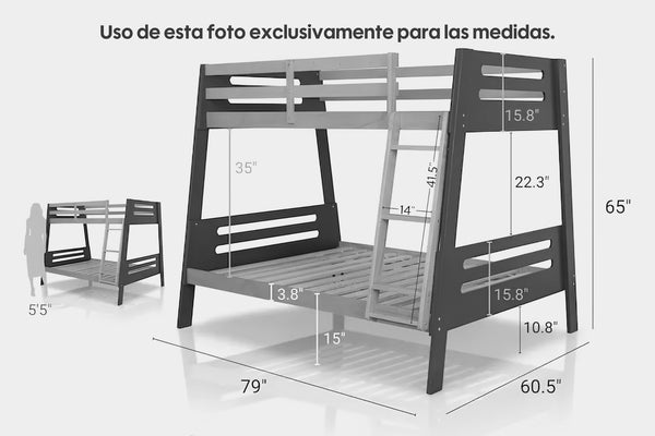 Una litera de madera con las dimensiones indicadas en español, que incluyen 79 pulgadas de ancho, 65 pulgadas de alto y 35 pulgadas de altura de la escalera, mostrada sobre un fondo gris claro con una vista lateral más pequeña insertada.