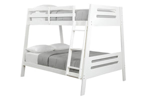 Litera de madera blanca con escalera integrada, mostrada con ropa de cama gris sobre un fondo blanco liso.