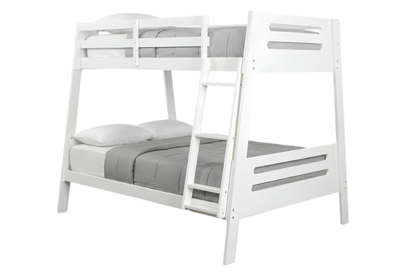 Litera de madera blanca con escalera integrada, mostrada con ropa de cama gris sobre un fondo blanco liso.