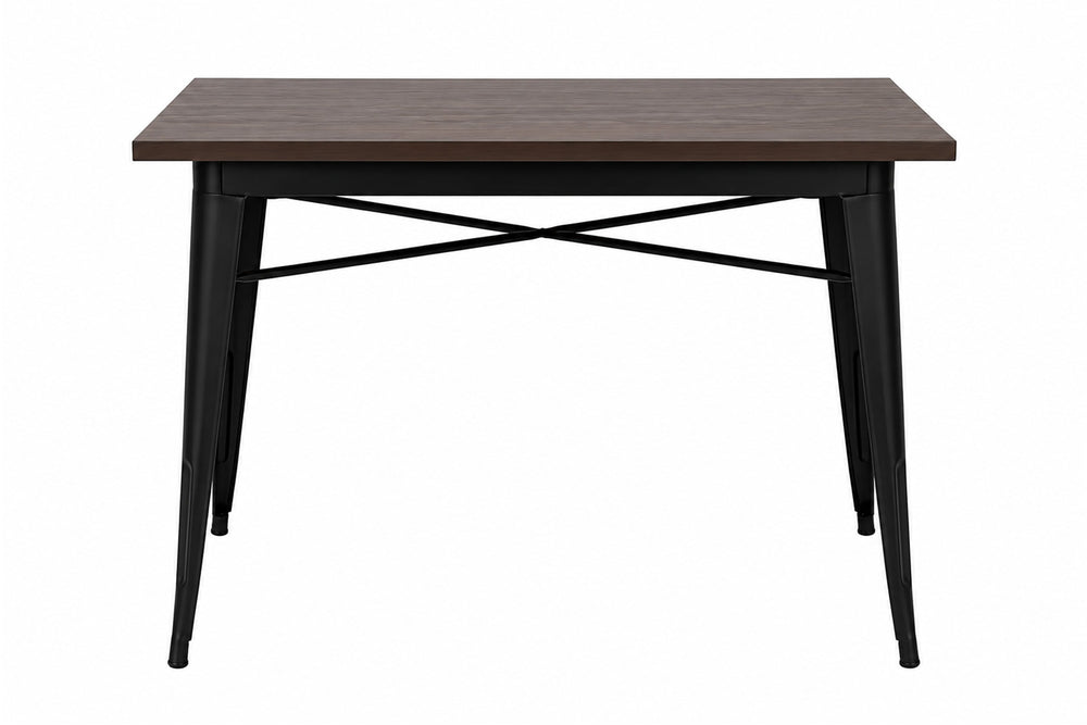 Mesa de madera oscura y patas de metal en un fondo blanco.