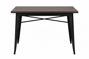 Mesa de madera oscura y patas de metal en un fondo blanco.