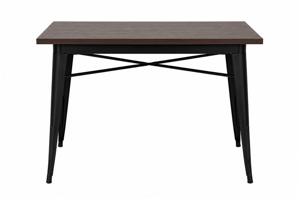 Mesa de madera oscura y patas de metal en un fondo blanco.