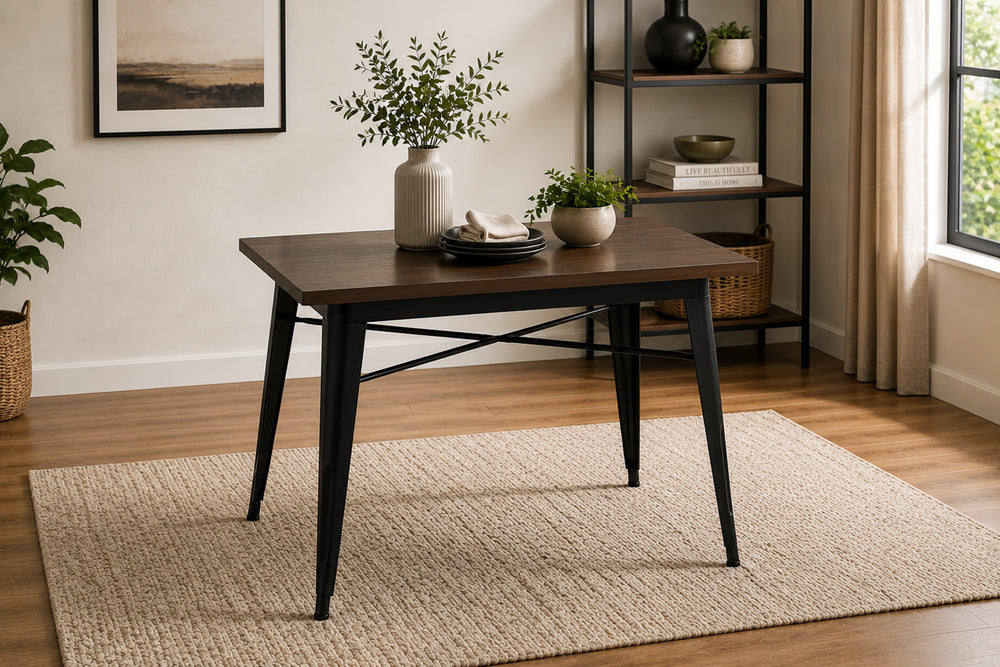 Mesa de madera oscura y patas de metal en un fondo blanco.
