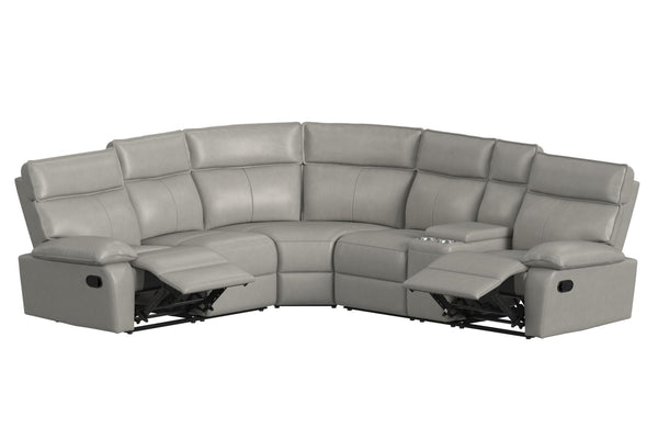 Sofá modular gris con asientos reclinables sobre fondo blanco.
