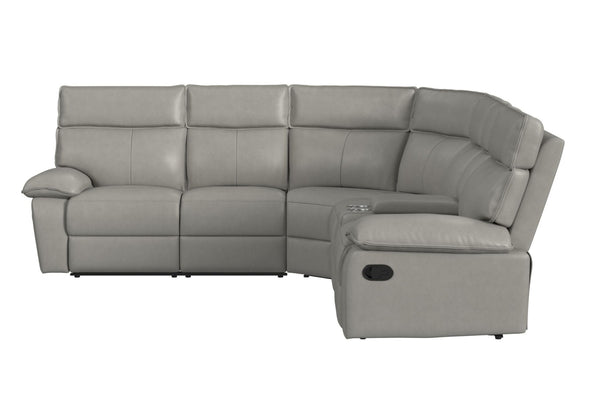 Sofá modular gris con asientos reclinables sobre fondo blanco.
