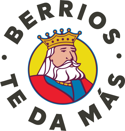Logo with a king illustration and text 'Berrios Te Da Mas' on a bright background