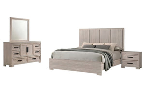 Un conjunto de muebles de dormitorio con acabado en madera gris claro, que incluye una cama con ropa de cama gris, una mesita de noche a juego y una cómoda con espejo, mostrado sobre un fondo blanco liso.