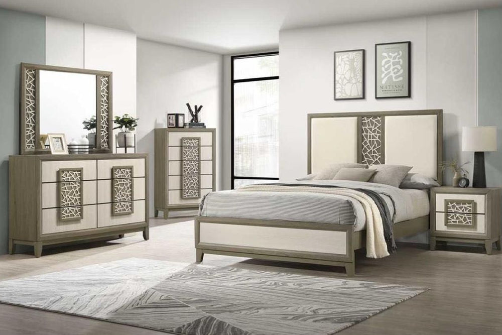 Moderno conjunto de dormitorio compuesto por una cama, un gavetero con espejo, una mesita de noche y un chest en una habitación bien iluminada.