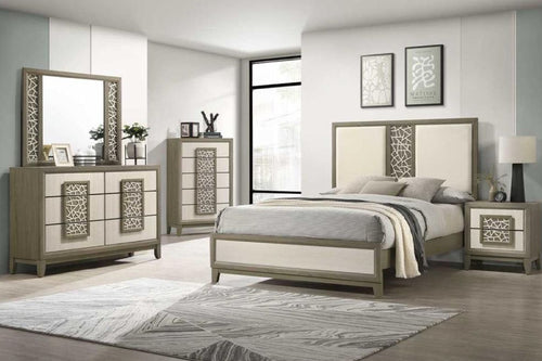 Moderno conjunto de dormitorio compuesto por una cama, un gavetero con espejo, una mesita de noche y un chest en una habitación bien iluminada.