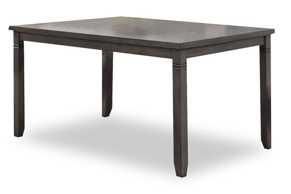 Mesa de comedor de madera oscura sobre fondo blanco.