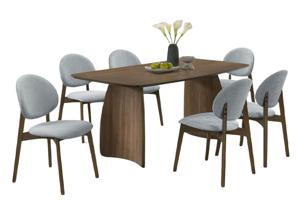 Juego de mesa de comedor con seis sillas azules sobre fondo blanco.